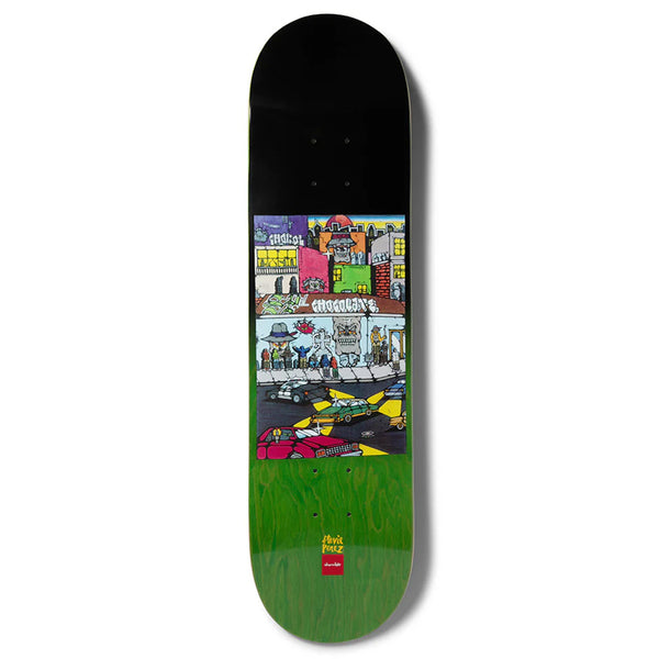 The CHOCOLATE PEREZ FIENDIN' skateboard deck by CHOCOLATE features a vibrant city street scene graphic; black top, green bottom, and a red G023 label.