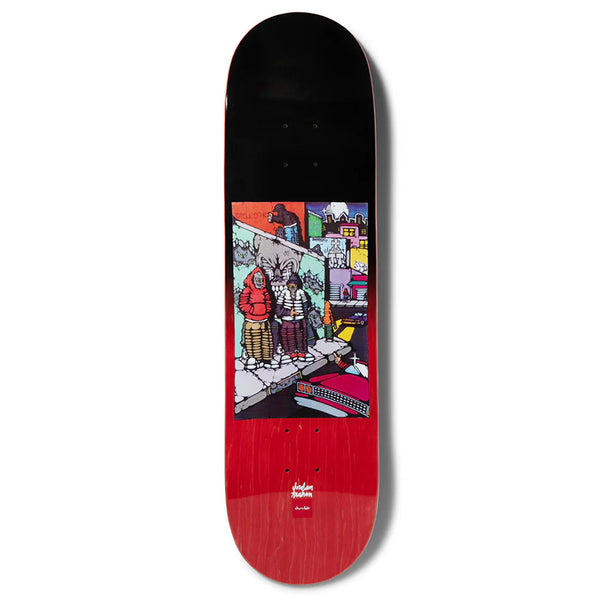 The CHOCOLATE TRAHAN FIENDIN' skateboard deck by CHOCOLATE features a red and black gradient background with a colorful cartoon illustration of three people on a city sidewalk, ideal dimensions for both street and park skating.