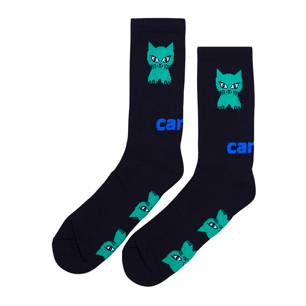 A pair of STANCE CARPET CO. CAT SOCK BLACK featuring custom kitty artwork with green cat faces and blue "ca" text on each sock.