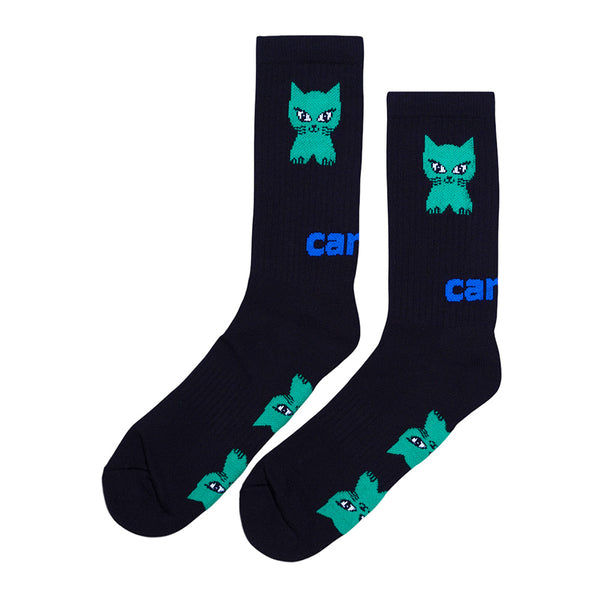 A pair of STANCE CARPET CO. CAT SOCK BLACK featuring custom kitty artwork with green cat faces and blue "ca" text on each sock.