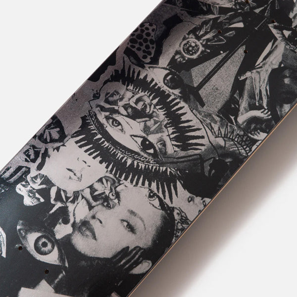 A black and white image on a skateboard with KING SPADES TYSHAWN JONES TUT8.18 design. (King)
