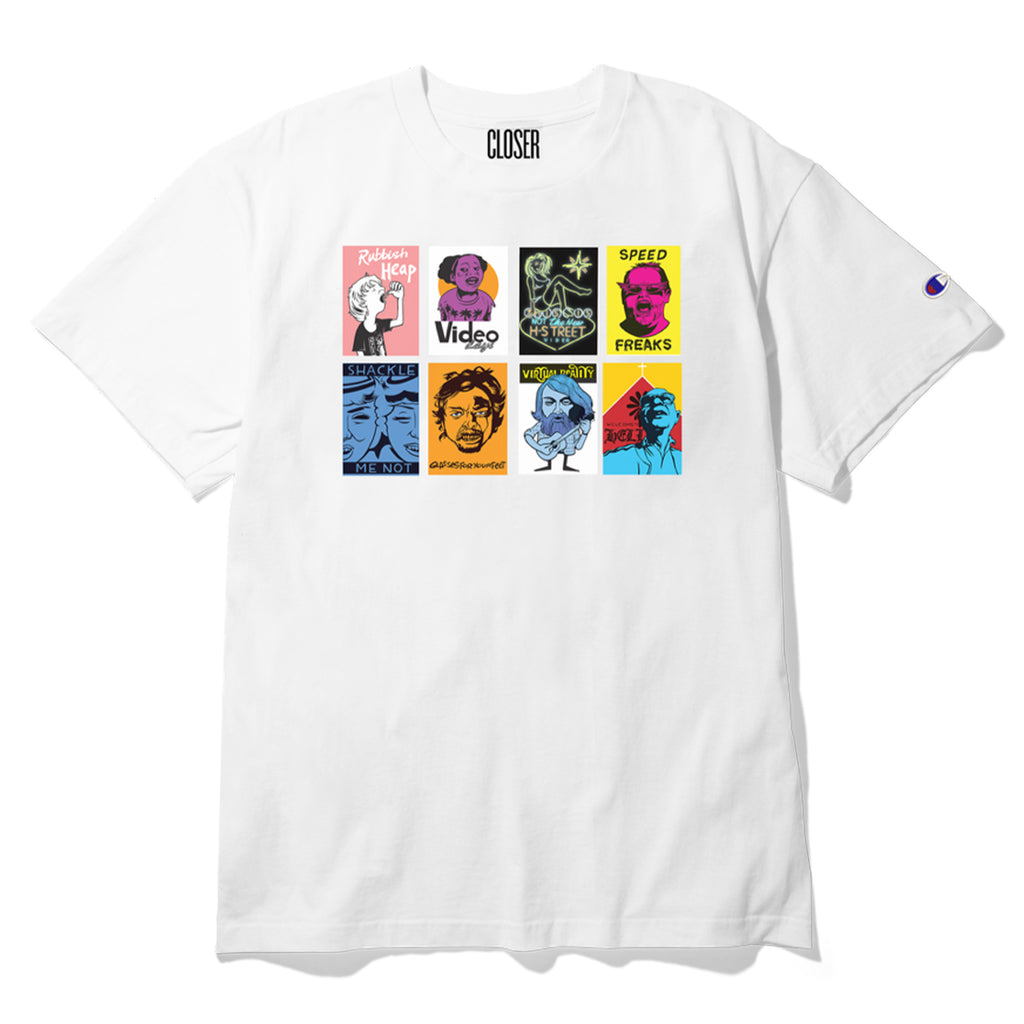 White T-shirt, printed to order, featuring colorful graphics of illustrated faces and text like "Video Head Cleaner," "Speed Freaks," and more, arranged in a 3x3 grid on the front. This CLOSER CLOSER SYDER TEE WHITE is perfect for making a statement.