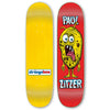 Two STRANGE LOVE PAUL ZITZER skateboards, one plain yellow with a blue logo, the other featuring a cartoonish yellow monster yelling "pau!" and "Paul Zitzer.