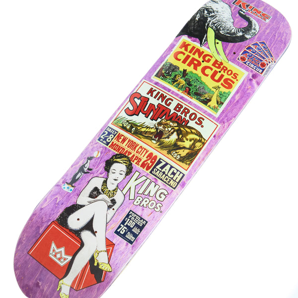 A purple skateboard with KING ZACH SARACENO BROS by King on it.