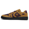 The CONVERSE CONS ALEXIS AS-1 PRO WOOD THRUSH / WINTER BLOOM / BLACK, crafted with insights from Alexis Sablone, boasts brown suede overlays and a purple body highlighted by a star logo on the side. This fashion-forward skateboarding shoe is completed with a black sole and eyelets for laces.