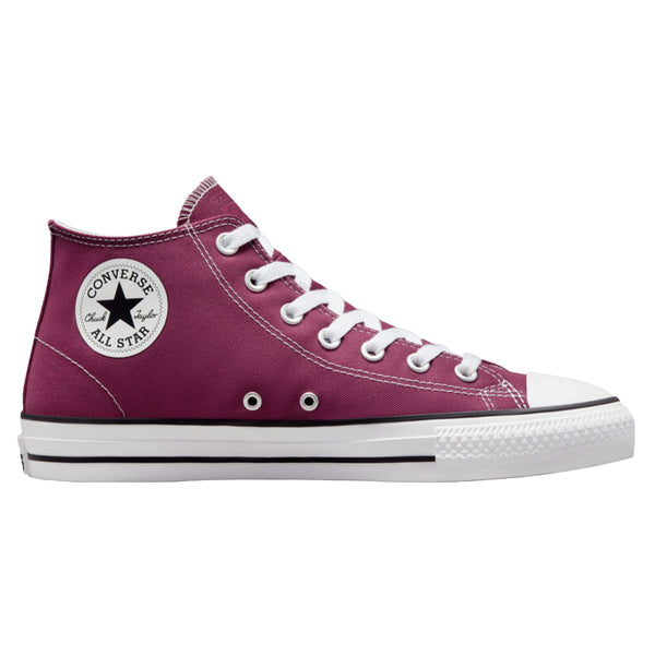 A pair of high top marroon sneakers with white soles and the converse logo on the side.