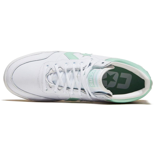 Top view of a Converse Cons Fastbreak Pro Mid Leather White sneaker with Sticky Aloe accents and a star logo on the tongue.