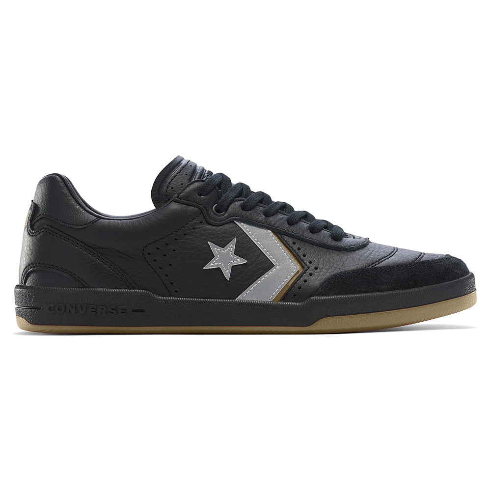 The CONVERSE CONS Louie Lopez Pro 2 in Total Eclipse/Swamp Core features a black low-top design with grey chevron-star logo, perforated details, and a brown rubber sole for boardfeel, shown in profile on a white background.