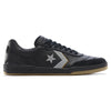 The CONVERSE CONS Louie Lopez Pro 2 in Total Eclipse/Swamp Core features a black low-top design with grey chevron-star logo, perforated details, and a brown rubber sole for boardfeel, shown in profile on a white background.