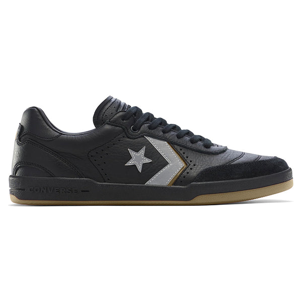 The CONVERSE CONS Louie Lopez Pro 2 in Total Eclipse/Swamp Core features a black low-top design with grey chevron-star logo, perforated details, and a brown rubber sole for boardfeel, shown in profile on a white background.