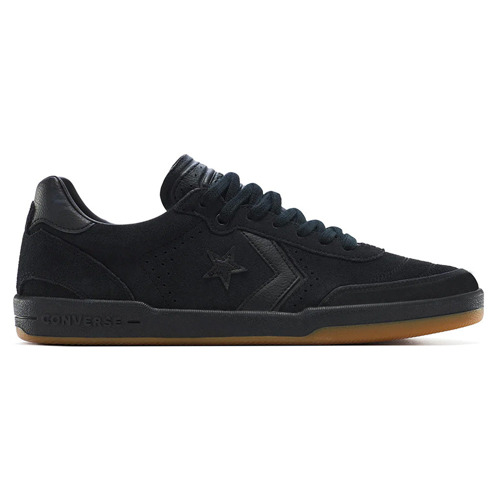 The CONVERSE CONS LOUIE LOPEZ PRO 2 SUEDE BLACK / GUM is a black low-top skate shoe with a suede upper, perforated details, black laces, and a gum rubber sole.
