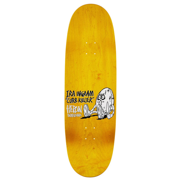 Yellow North American Hard Rock Maple HEROIN CURB KILLER 8 skateboard deck featuring a cartoon melting ice cream cone graphic and "Ira Ingram HEROIN CURB KILLER Heroin Skateboards" text in black and white.
