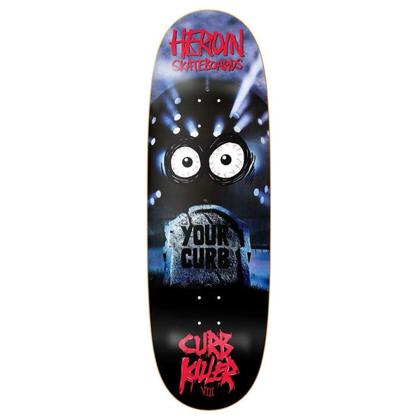 The HEROIN CURB KILLER 8 skateboard deck by HEROIN features cartoon eyes, “YOUR CURB” on a tombstone, bold pink “CURB KILLER VIII” text, and is crafted from North American Hard Rock Maple.