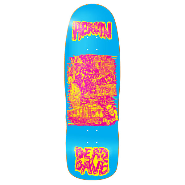 The HEROIN DEAD DAVE ALLEGORY OF FEAR deck by HEROIN is crafted from North American Hard Rock Maple and features bold "HEROIN" and "DEAD DAVE" text, a pink and yellow collage graphic, and a unique Razor Edge finish.