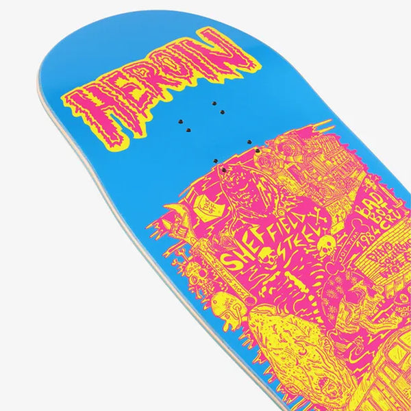 The HEROIN DEAD DAVE ALLEGORY OF FEAR skateboard deck by HEROIN is crafted from Hard Rock Maple, in blue, with bold yellow and pink art featuring "HEROIN" at the top and playful Bog Hog graphics across the surface.