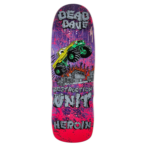 The HEROIN DEAD DAVE KNOCK OFF skateboard deck is made from 7 Ply North American Hard Rock Maple and features a green monster truck, crushed cars, and bold graffiti: "DEAD DAVE," "DESTRUCTION UNIT," and "HEROIN." Perfect for fans!.