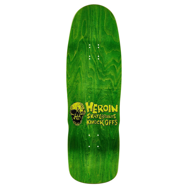The HEROIN DEAD DAVE KNOCK OFF skateboard deck by HEROIN is crafted from Hard Rock Maple and features yellow "Heroin Skateboards Knock Offs" text plus a bold yellow skull graphic on the left side.