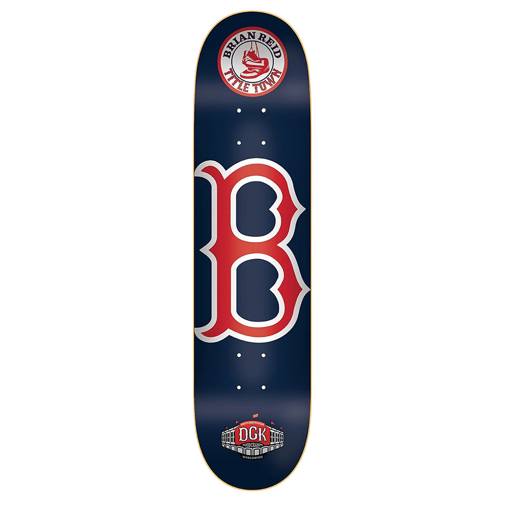 The DGK REID BEANTOWN skateboard deck by DGK features a bold red and white "B" on a dark blue background with circular logos, and comes in an 8.25" width for versatile performance.