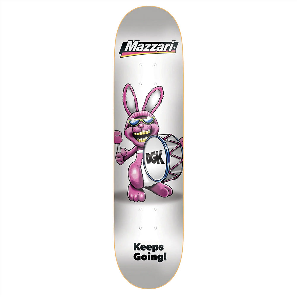 The DGK MAZZARI CAN’T STOP skateboard deck showcases a pink cartoon bunny with drumsticks and a DGK drum, "MAZZARI" at the top, and "Keeps Going!" at the bottom—ideal for any WAKE & BAKE session.