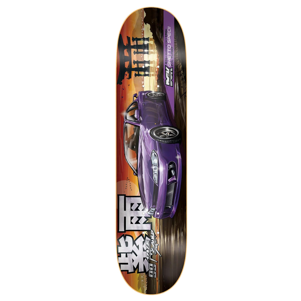 A DGK BLOSSOM CREW PURPLE RAIN skateboard deck with a purple car on it.