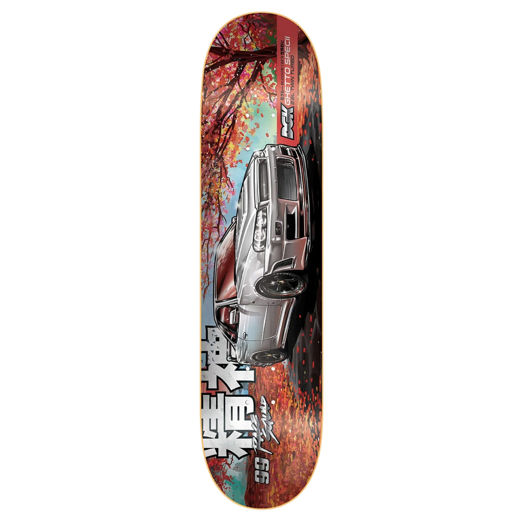 A DGK skateboard deck with an image of a car on it.