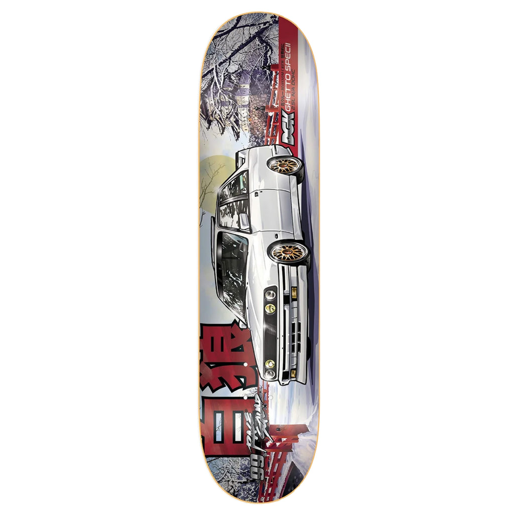 A DGK skateboard deck with an image of a car.
