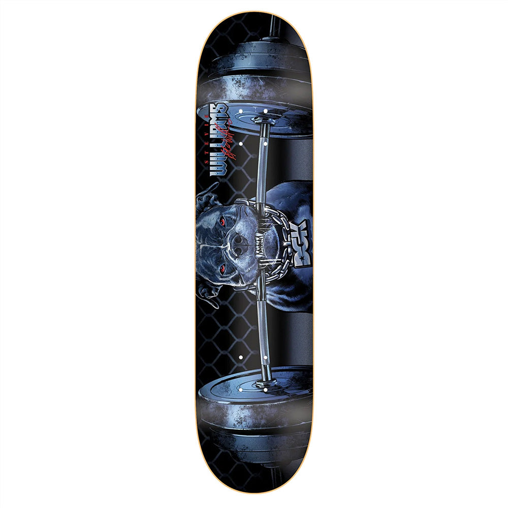 The DGK WILLIAMS CAGED skateboard deck features an illustration of a black dog in a spiked collar and silver chain on a dark, patterned background. This DGK deck comes in an 8.38” width for versatile skateboarding performance.