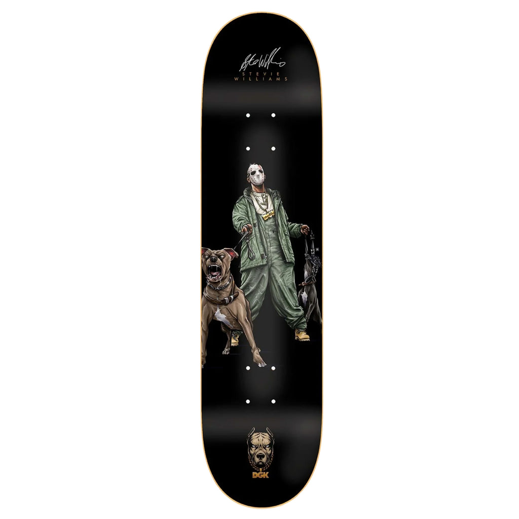A DGK skateboard deck with an image of a man and a dog.