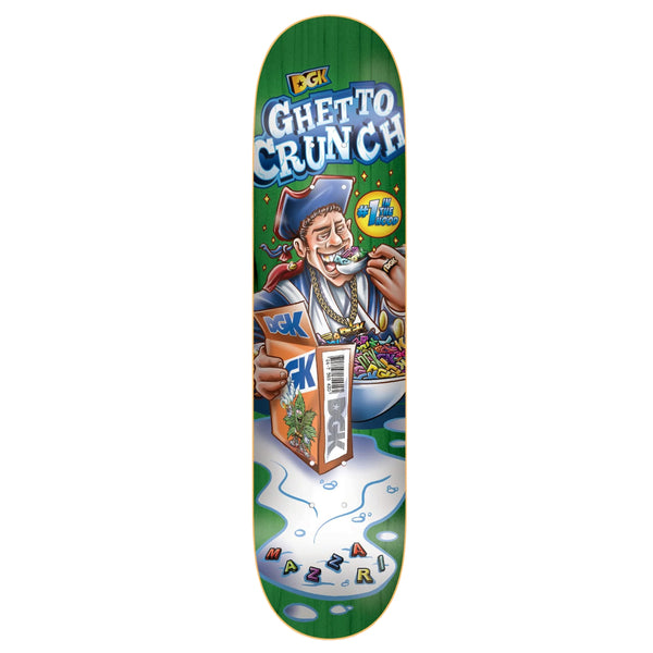 A DGK skateboard deck with an image of a man holding a box of DGK GHETTO CRUNCH MAZZARI GREEN cereal.