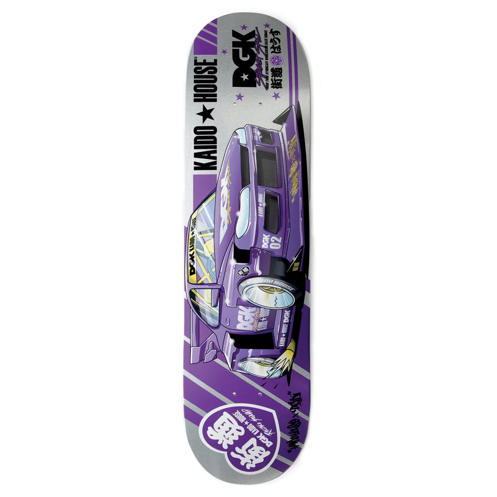 The DGK X KAIDO HOUSE ROULETTE RACER SILVER GLITTER skateboard deck features a vibrant purple car graphic with "KAIDO HOUSE" text and the DGK logo on a captivating silver and purple Sunset Twilight background.