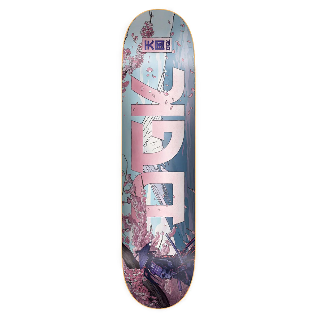 The DGK OVERLORD skateboard deck features stunning Japanese art with cherry blossoms and a warrior at twilight, highlighted by large pink characters. This piece captures an enchanting blend of tradition and modernity.