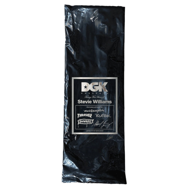 The DGK 25 Years of Stevie Williams Blind Bag is a black plastic bag emblazoned with "DGK" and "Stevie Williams" in white, along with logos.
