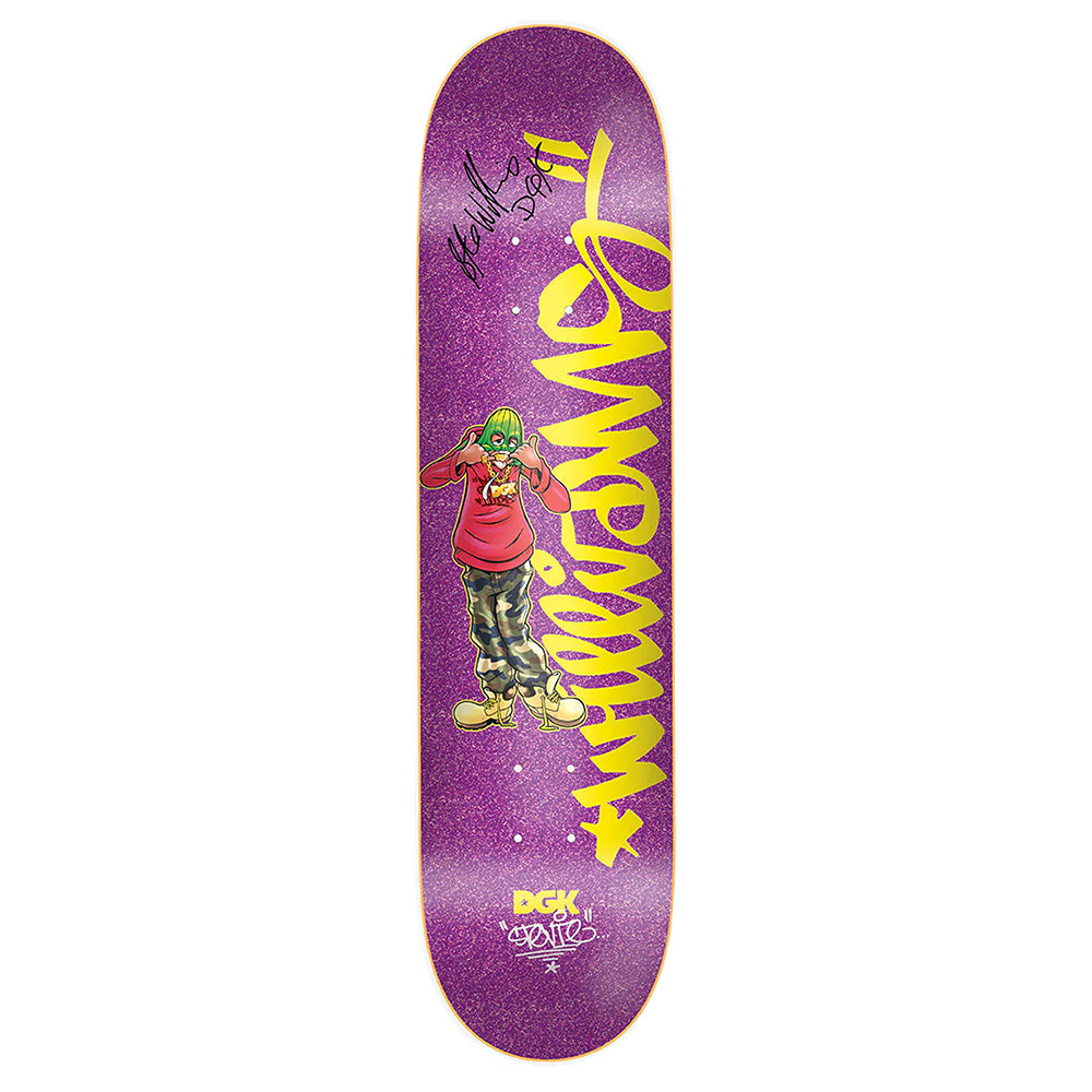 The DGK STEVIE WILLIAMS CHEESIN AUTOGRAPHED deck features yellow graffiti text, an illustrated character in camo pants and a red hoodie, plus Stevie Williams’ black signature on a purple background.