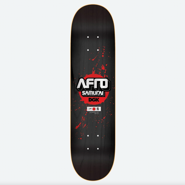 A skateboard with the word DGK X AFRO SAMURAI JUSTICE on it.