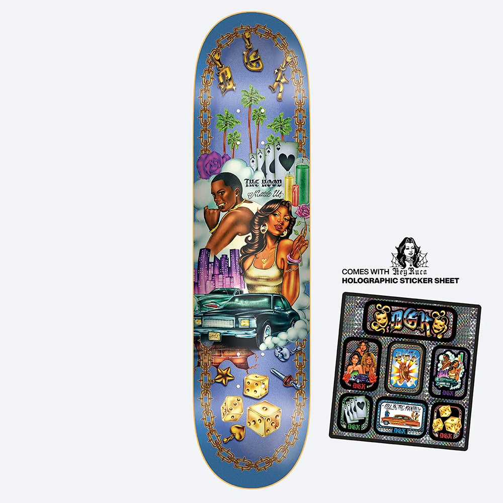 The DGK X HEY RUCA THE HOOD MADE US skateboard deck (8.25") features vibrant artwork of two people, a car, cityscape, and symbols, plus a matching holographic sticker sheet—all by DGK.