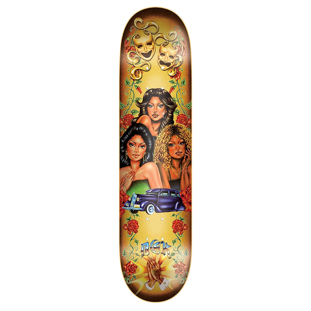 The DGK X HEY RUCA HERMANAS skateboard deck by DGK showcases three women, a vintage car, roses, masks, and decorative art on a gold background—an eye-catching choice for skateboarding enthusiasts.