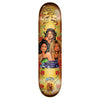 The DGK X HEY RUCA HERMANAS skateboard deck by DGK showcases three women, a vintage car, roses, masks, and decorative art on a gold background—an eye-catching choice for skateboarding enthusiasts.