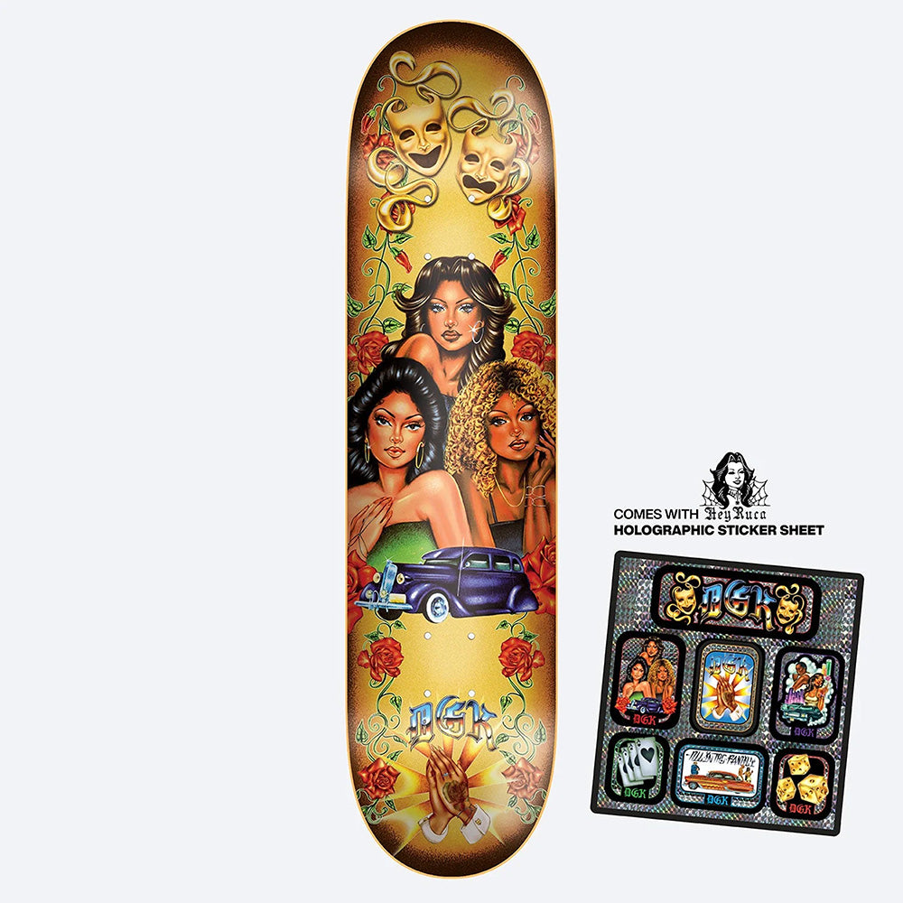 The DGK X HEY RUCA HERMANAS skate deck showcases illustrated women, roses, theater masks, a classic car, and includes a matching sticker sheet. Check skateboard dimensions to ensure the perfect fit for your style.