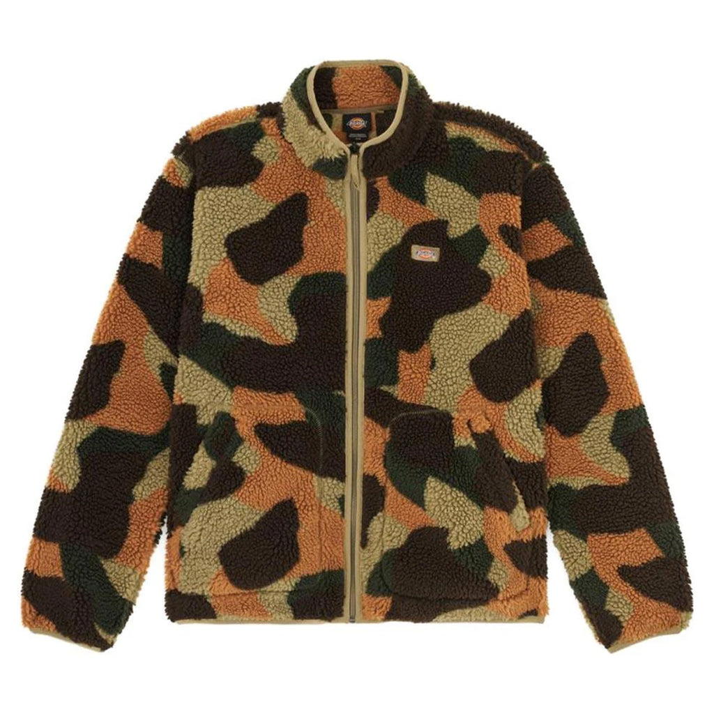 The DICKIES RELAXED FIT HIGH PILE CAMO FLEECE IMPERIAL GREEN jacket features a relaxed fit with a camo pattern, complete with a full front zipper and two side pockets. It is made from high pile fleece in shades of brown, green, and beige.