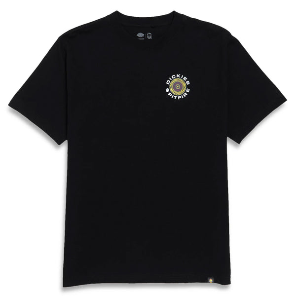 This DICKIES X SPITFIRE GRAPHIC TEE BLACK showcases a logo on the chest with a prominent yellow circle and the text "Dickies Spitfire.