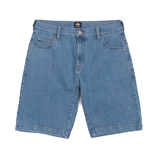 A pair of blue Dickies Skateboarding Loose Fit Wingville Denim Shorts with a button closure, displayed flat against a white background.