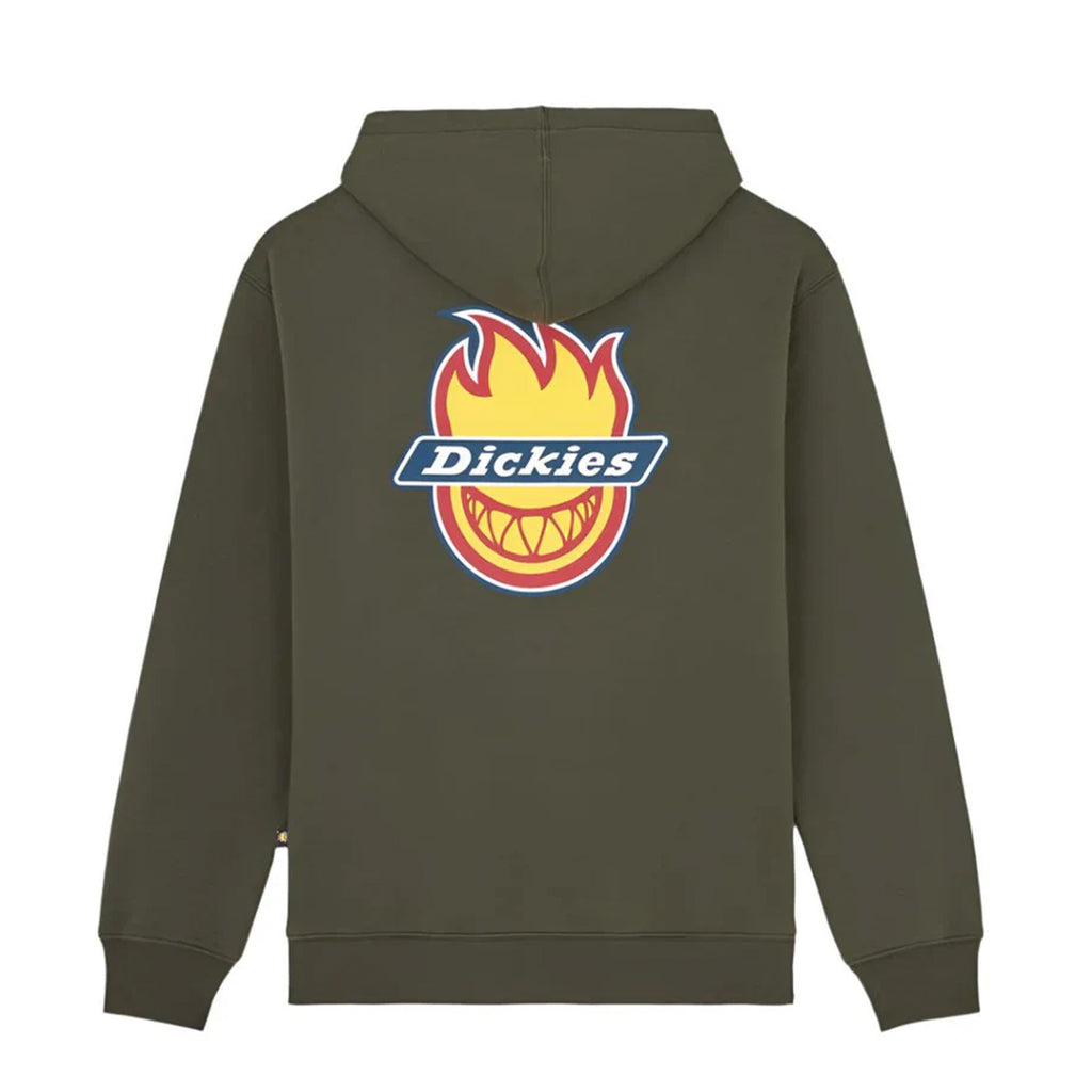 Olive green fleece hoodie from the Dickies x Spitfire collection, showcasing a striking graphic of a flaming logo on the back with "Dickies" seamlessly integrated into the design.