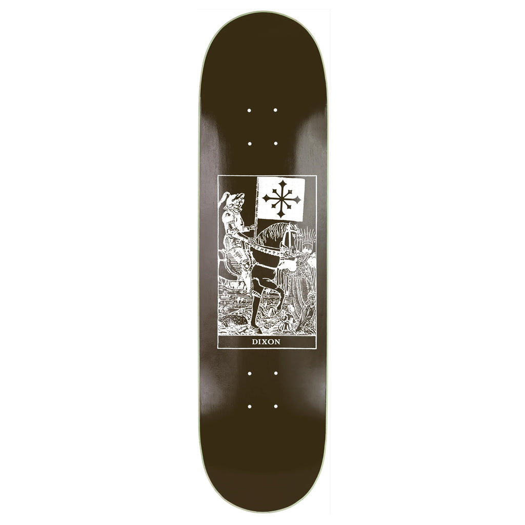 A Disorder skateboard deck with an image of a man riding a horse, available in sizes 8.0 and 8.25 - the DISORDER DIXON CARD.