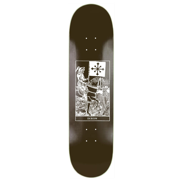 A Disorder skateboard deck with an image of a man riding a horse, available in sizes 8.0 and 8.25 - the DISORDER DIXON CARD.