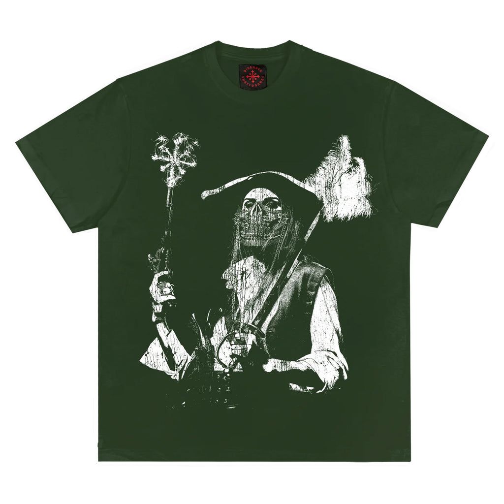 A Disorder Pirates Life Tee Green t-shirt with an image of a pirate holding a sword.