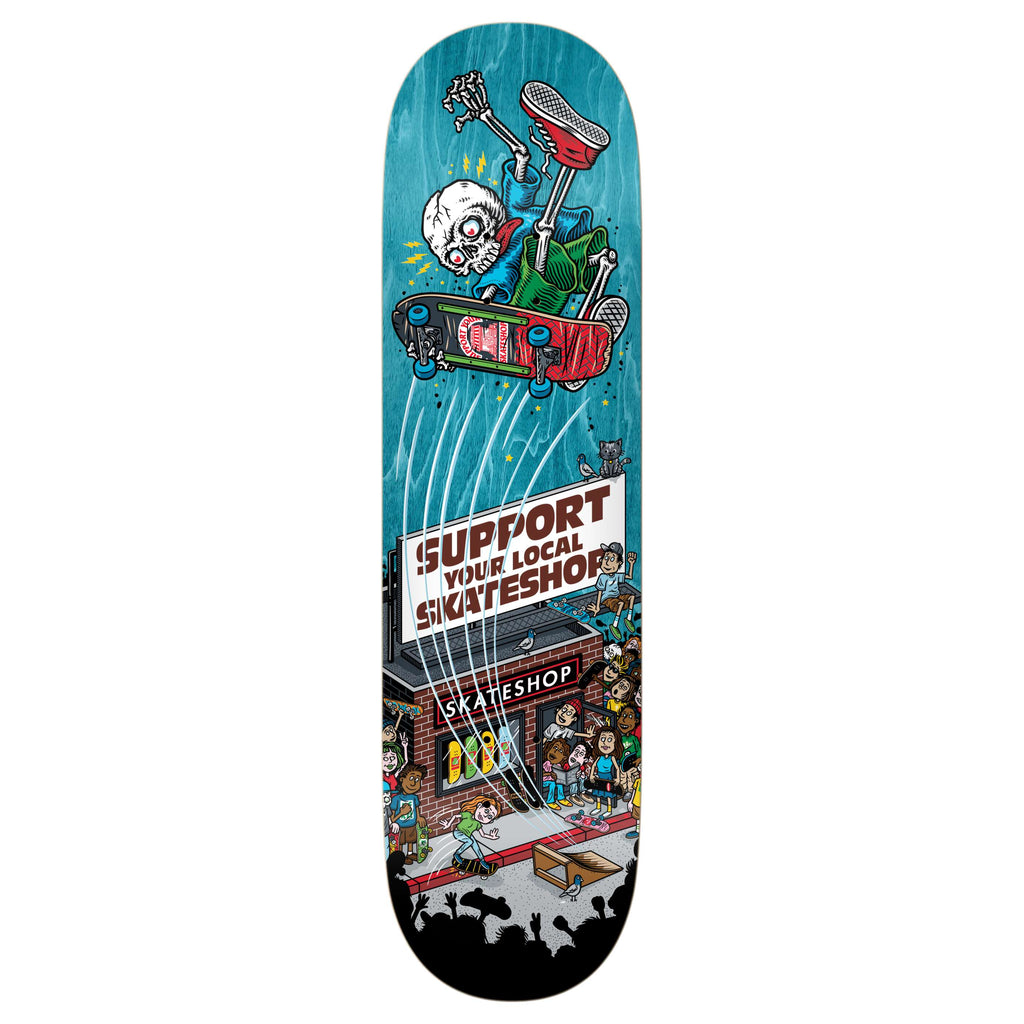 The DELUXE SKATE SHOP DAY SHOP KEEPERS 2025 skateboard features a skeleton skater over a lively skateshop, embodying community spirit. "Support Your Local Skateshop" text is prominent. Endorsed by Vanessa Torres, it's ideal for true skate culture enthusiasts.