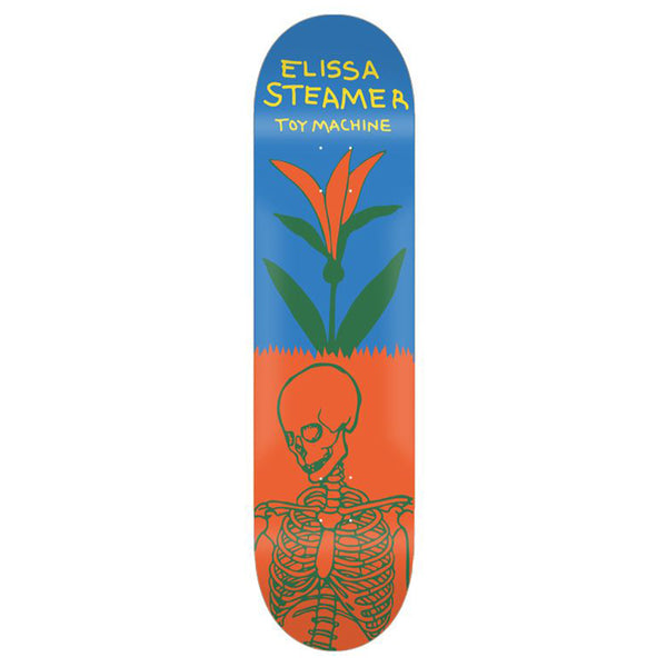 A TOY MACHINE skateboard featuring Elisa Steamer riding with medium concave, adorned with a skeleton and a flower graphic.