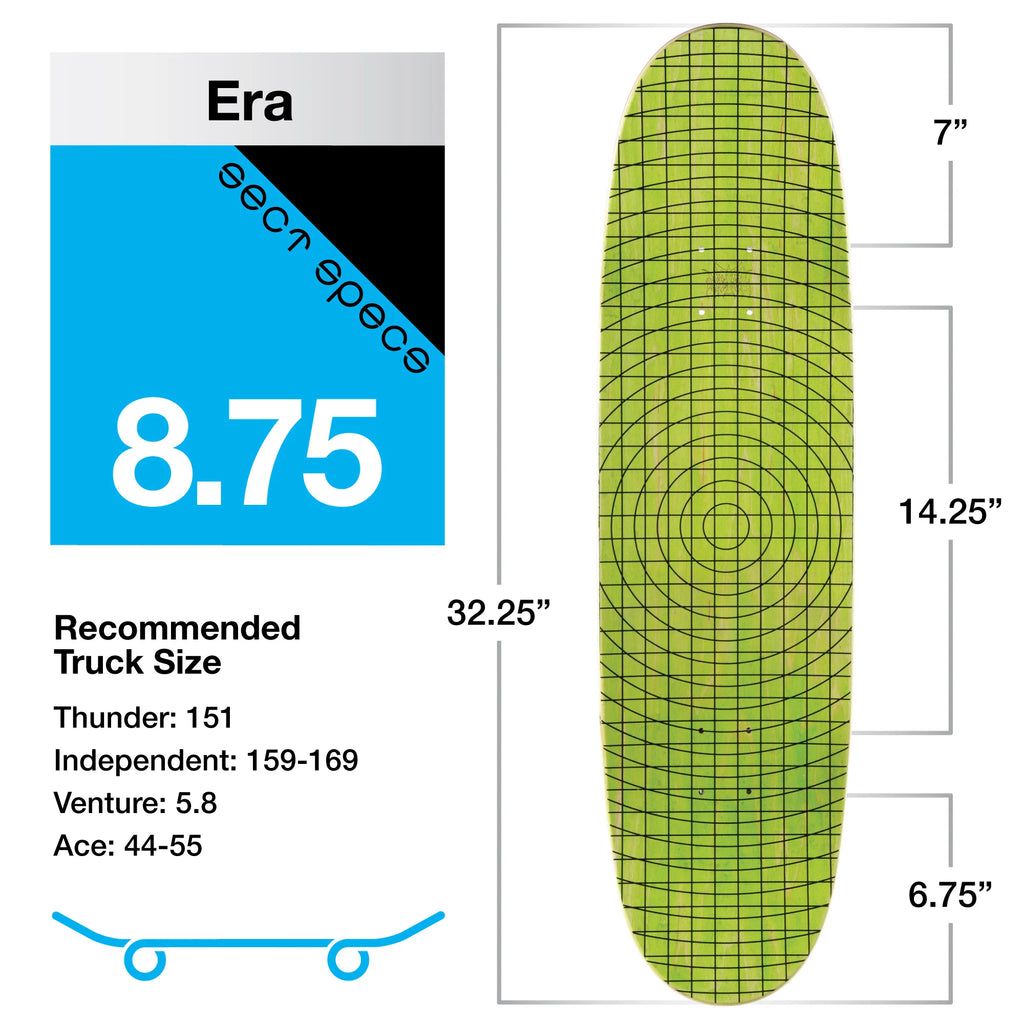 An ALIEN WORKSHOP skateboard with a measurement chart on it.