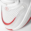 Close-up of the toe area of the éS TJ ROGERS WHITE / RED sneaker by ES, featuring red accents, perforated details, white laces, and a durable, impact-resistant E-Bound midsole.