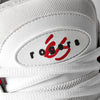 Close-up of the éS TJ ROGERS WHITE / RED sneaker by ES, showcasing "rogers" and a red and black logo on the tongue. Features white laces and an impact resistant E-Bound midsole for superior comfort.